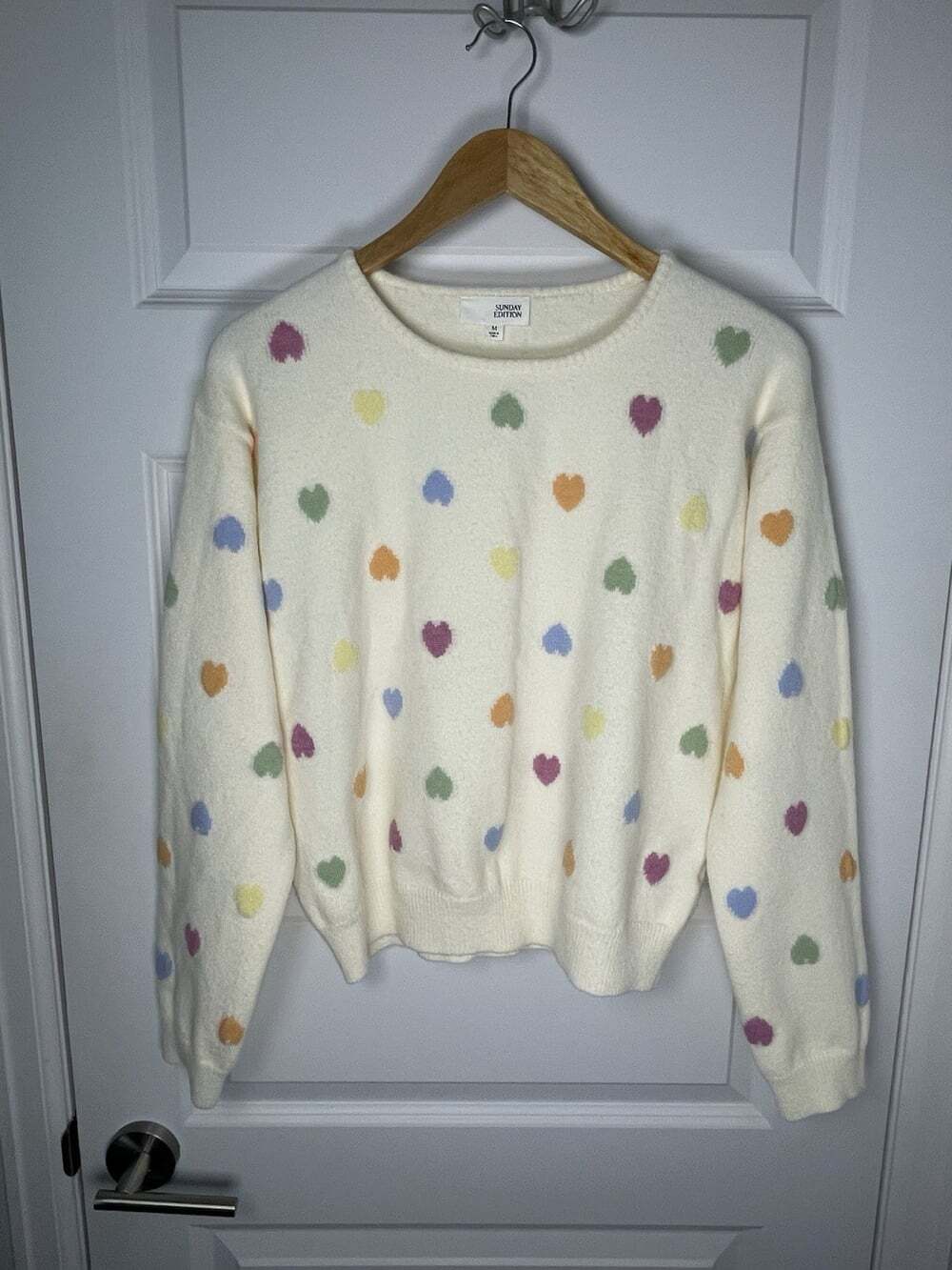 Sunday Edition Womens M All Over Pastel Colored Embroidered Hearts Cream Sweater